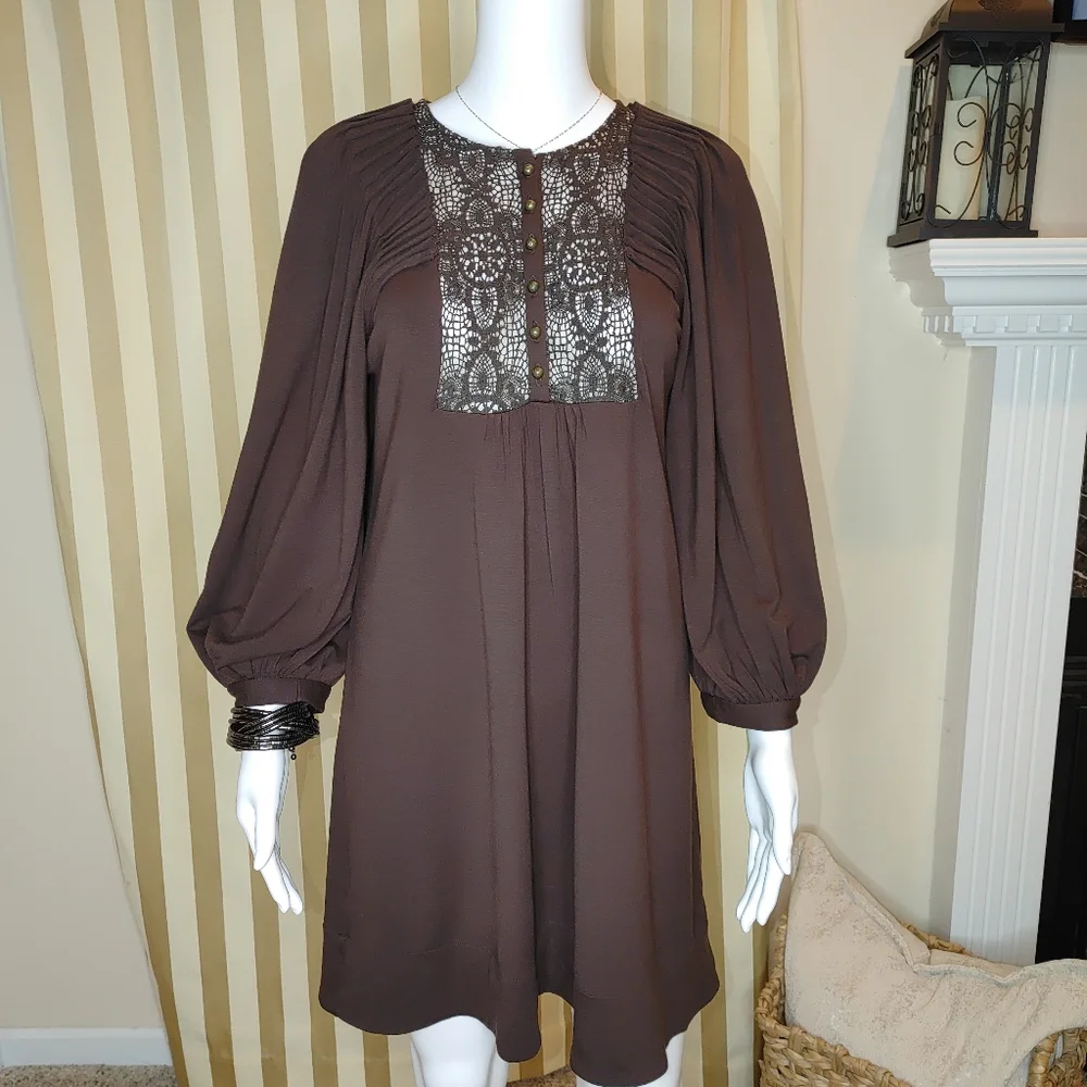 BCBGMAXAZRIA BISHOP SLEEVE DRESS, BROWN XS - Picture 2 of 7